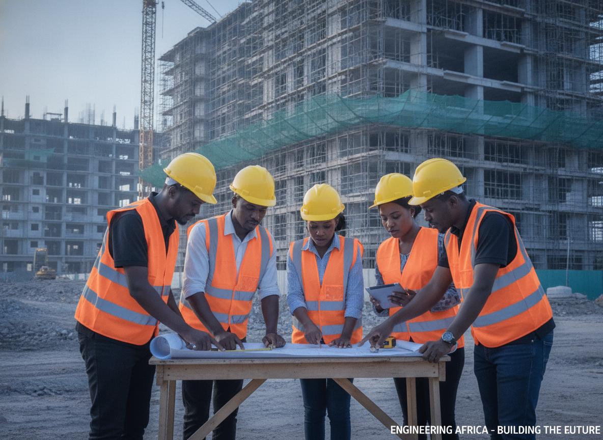 Construction team reviewing blueprints